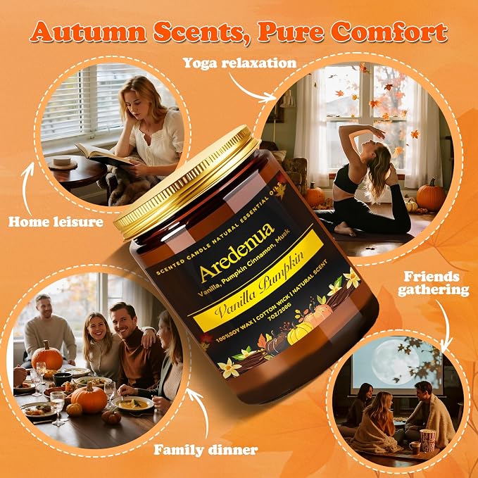 Vanilla Pumpkin Candle – Fall Holiday & Seasonal Pumpkin Aroma, Autumn Soy Candle for Christmas Home Décor & Cozy Seasonal Gifting