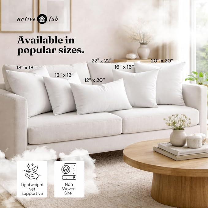 Native Fab Throw Pillow Inserts, Pack of 4, 18x18 Inches, White Polyester, Soft Decorative Cushion Fillers for Bed, Couch, Living Room, Reading Corner, Stylish Support & Home Comfort