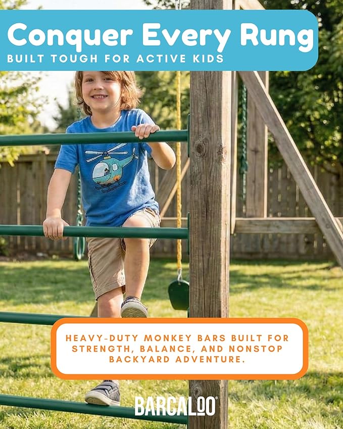 Barcaloo 22 Inch Monkey Bars for Backyard - Green Powder Coated Indoor Monkey Bar Kit for Kids - Set of 6 Outdoor Playground Accesories with Mounting Plates