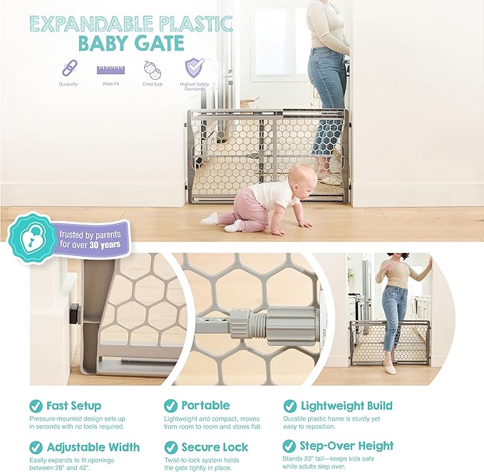 Regalo Safety 28"-42" Extra Wide Expandable Baby Gate for Doorways & Bottom of Stairs, Pressure Mounted Safety Gate for Babies, Toddlers & Pets, Tested & Safe for 30 Years, American Designed and Owned