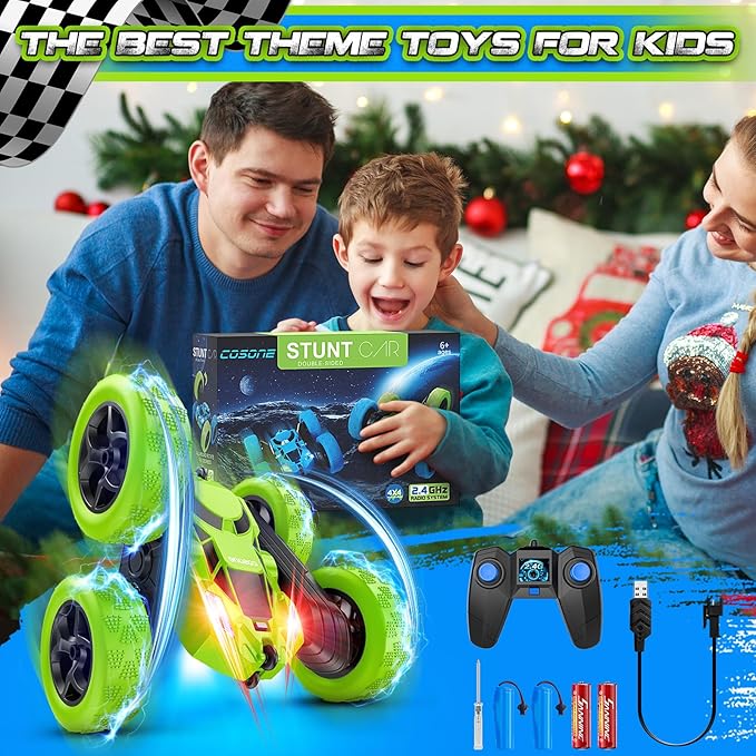 cosone Remote Control Car - RC Car Toys for Boys - 4WD 2.4Ghz Double Sided 360° Rotating RC Cars, Birthday Gifts for Kids Age 6 7 8-12 for Boys and Girls- Green