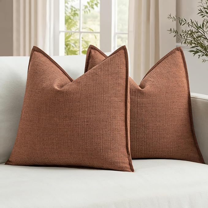 MIULEE Fall Thick Textured Rust Euro Sham Throw Pillow Covers 24x24 Inch | 2 Pack, Terracotta Decorative Linen Blend Pillow Cover, Flange Edge Design, Farmhouse Modern Boho, Bed Couch Home Decor