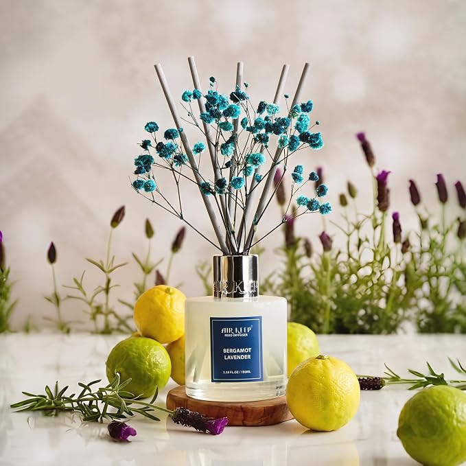 Airkeep Reed Diffuser Set,3.38 fl oz (100 ml) - Bergamot Lavender Oil Diffusers with 8 Reed Sticks, Home Fragrance Reed Diffuser for Bathroom Shelf Decor