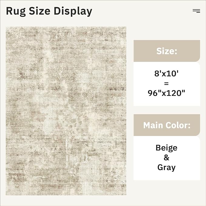 Soalmost Abstract Rug 8x10 Large Living Room Area Rugs Washable Beige/Gray | Modern Non-Slip Carpet for Dining Bedroom, Stain Resistant Foldable Thin Low Pile Floor Mat Under Table Home Office Decor