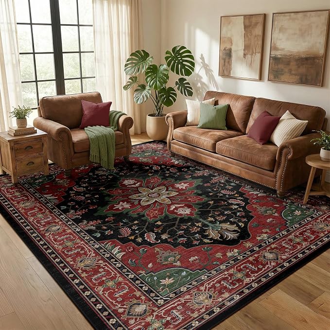 RELEANY Area Rugs 5'x8' Washable Non-Slip, Floral Vintage Distress Medallion Carpet for Living Room Bedroom Dining Room, Red Black
