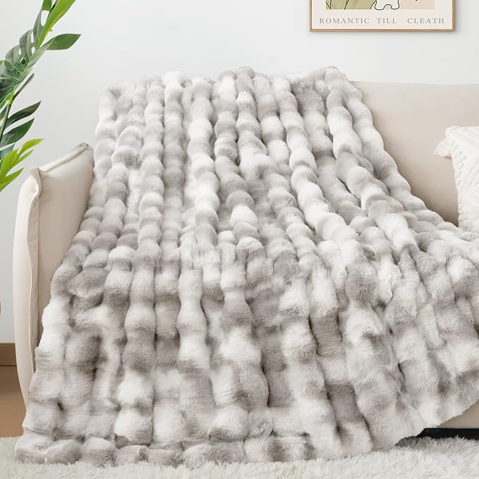 Luxury 1000GSM Rabbit Faux Fur Blanket, Super Heavy Warm Cozy Brown Blankets for Couch Bed Sofa, Ruched Plush Fuzzy Elegant Soft Reversible Mink Blanket Living Room Bedroom, 90" x 90"