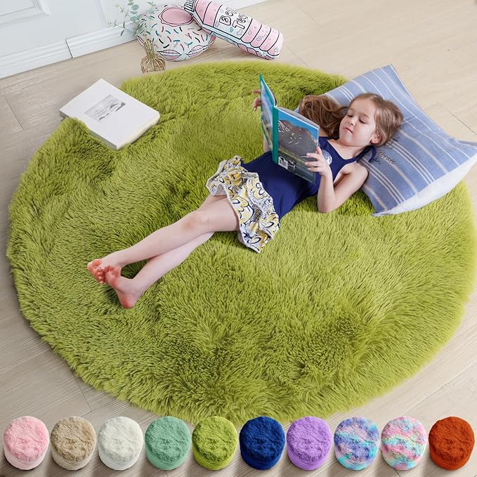 Amdrebio Grass Green Round Rugs 6Ft for Living Room Bedroom Decor Aesthetic, Large Fluffy Shaggy Circle Area Rug for Kids Playroom Baby Nursery, Big Soft Shag Fuzzy Modern Cool Floor Circular Carpet