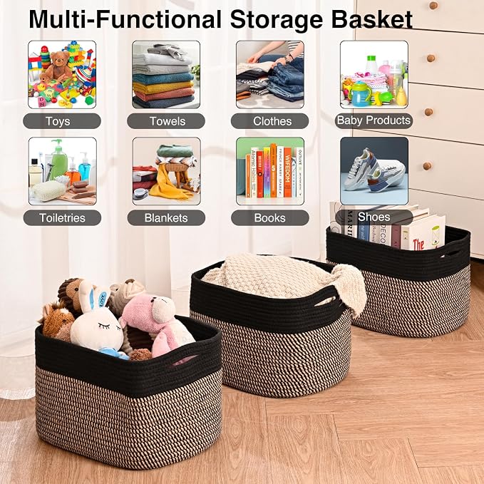 ICERZCZ Storage Baskets for Organizing Shelves, Toy Basket for Kid's Room, Woven Cotton Rope Basket for Decor, Organizing Baskets for Bedroom Living Room, 15"x11"x9.5", 3 Packs, Black & Jute