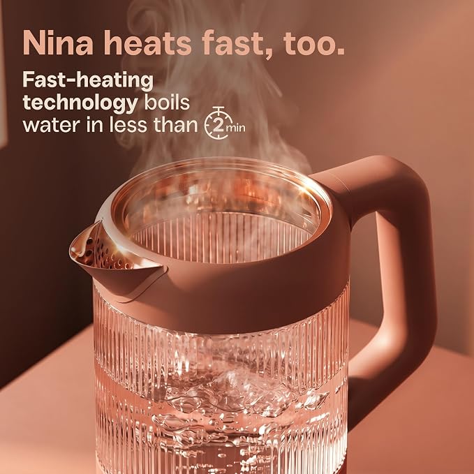 Viante Nina Electric Tea Kettle with Infuser, No Plastic In Contact With Water, 1.5L Borosilicate Glass, 304 Stainless Steel, 4 Temp Presets, Keep Warm, Cordless, Auto Shut-Off, Terracotta