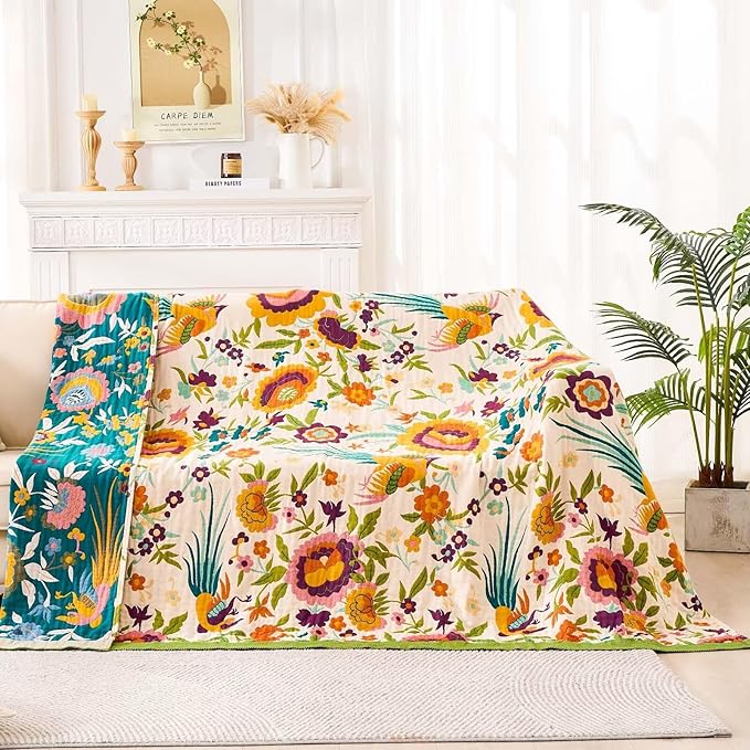 XIBLC Boho Throw Blanket for Bed, 100% Cotton Soft Rustic Quilt Fall Blanket, 50"x60" Colorful Floral Printed Farmhouse Decor Bed Blankets, All Season Rustic Reversible Bohemian Throw Quilt