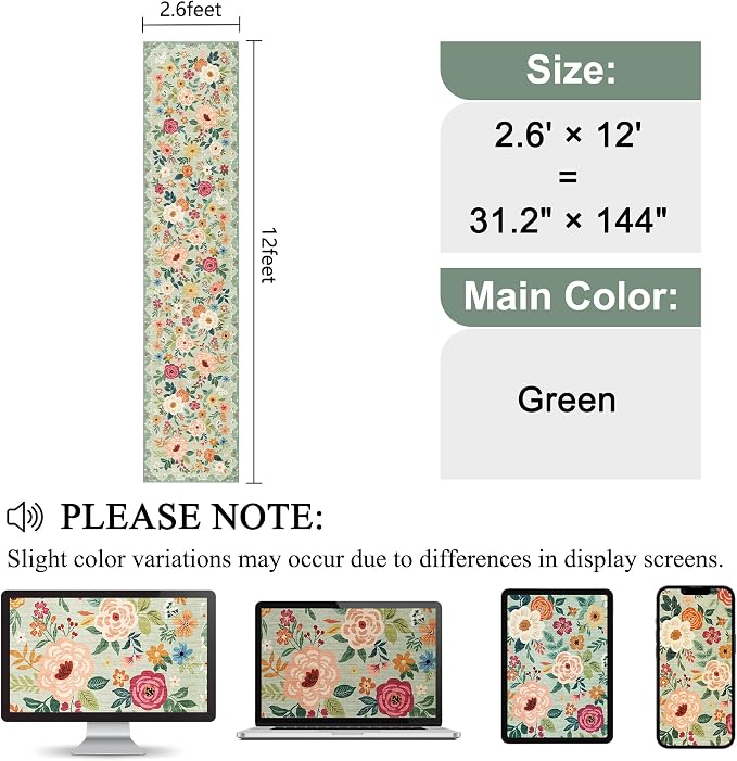 DUKINO 2.6x12 Kitchen Runner Rug, Floral Non Slip Long Washable Rug, Green | Low Pile, Stain Resistant, Soft Indoor Rug Runner for Hallway, Entryway, Bedroom, Bathroom, Laundry, Pet Friendly, Home Decor
