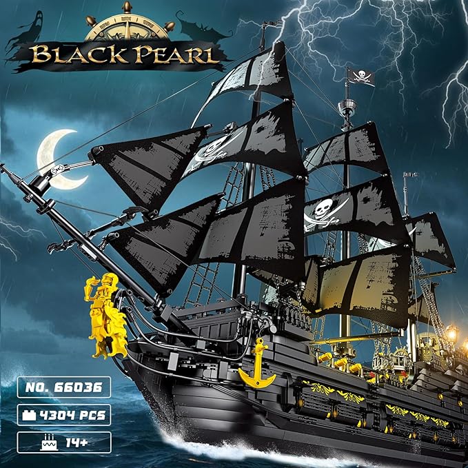 Pirate Ship Building Set with LED Lights,Large Black Pearl Ship Model 66036,Pirate Ship Sailboat Toy,Halloween Home Decor Birthday Gifts,Model Kits for Adult Boys Girls 14+（4304 PCS）