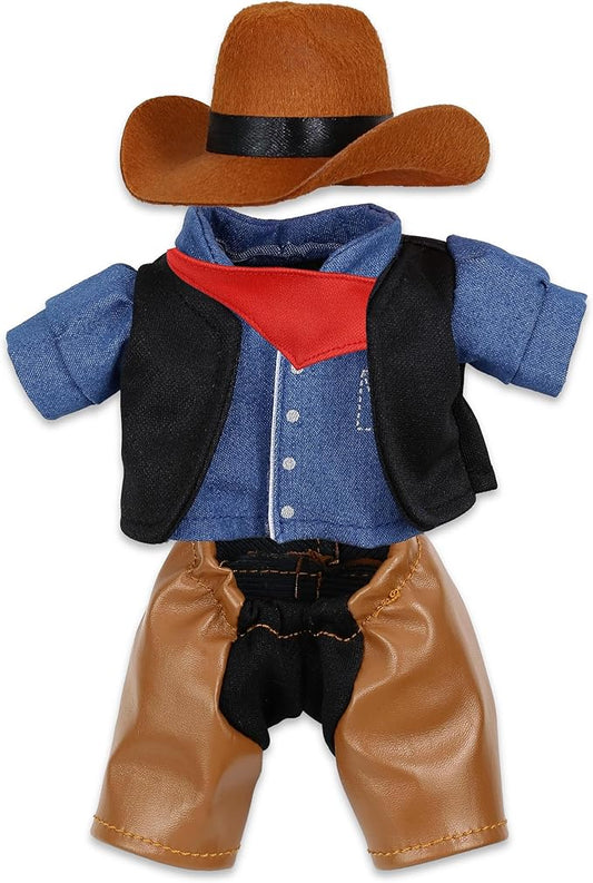 DolliBu Cowboy Stuffed Animal Dress Up Set - Western-Themed Outfit with Hat, Jeans, Vested Shirt, Bandana Cowboy Costume - Pretend Play Accessories for Teddy Bears - Small for 5 to 7 Inch Plush Toys