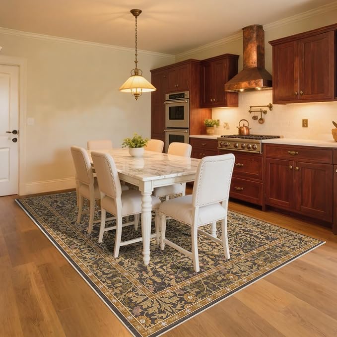 5x7 Washable Area Rugs for Living Room, Stain Resistant Vintage Rugs for Dining Room Under Kitchen Table, Bedroom, Floral Low Pile Non-Slip Large Carpet (5 x 7 Goldenrod)