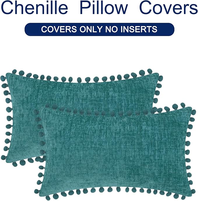 CaliTime Decorative Couch Throw Pillow Covers 20 X 12 Inches Teal | Pack of 2, Cozy Chenille Cushion Cases, with Pom Poms for Sofa Bed Living Room Farmhouse Home