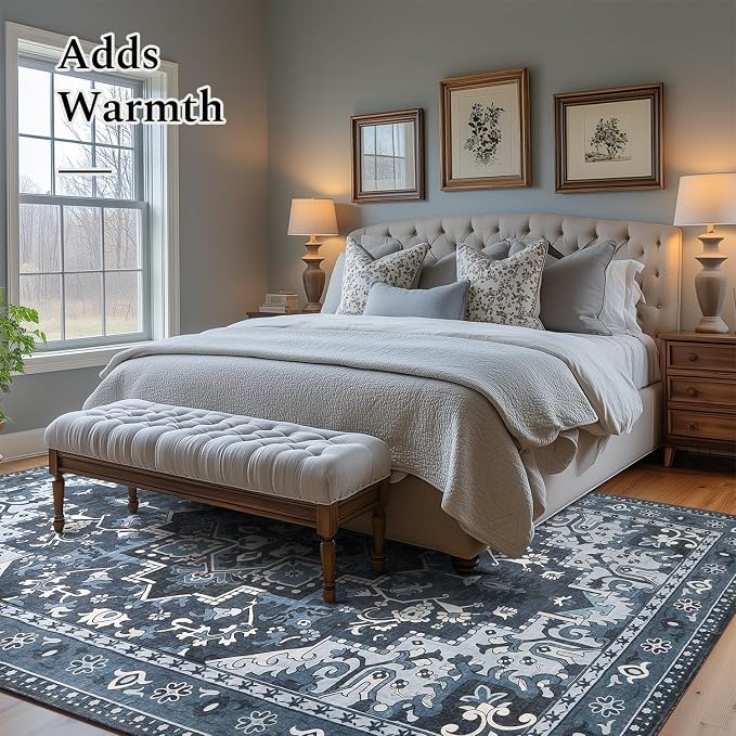 Rugflix 4x6 Area Rugs for Living Room, Washable Dark Navy Blue Rug | Machine Washable; Stain-Resistant; Low Pile; Non-Slip; Vintage Farmhouse; Carpet for Bedroom Dining Office Nursery Home