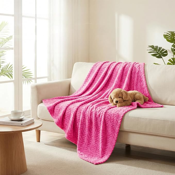Exclusivo Mezcla Soft Fleece Blanket King Size for Bed, Sofa, Hot Pink | 90"x104" Breathable Lightweight Flannel Blanket for Summer, Plush Cozy Jacquard Wave for Home Decor