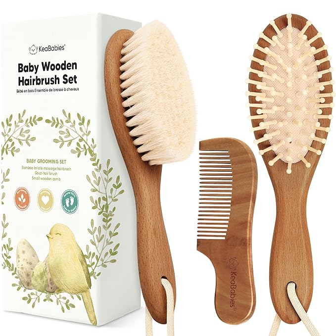 Wooden Baby Hair Brush Set for Newborns, Toddlers - Soft Goat Bristle Baby Brush and Comb Set Newborn Grooming Kit for Cradle Cap Care,Durable & Gentle,Boy,Girl Infant Essentials(Regular, Dark Walnut)