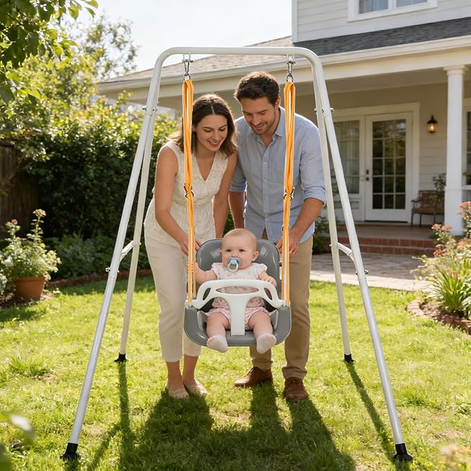 2 in 1 Toddler Swing ＆ Jumper with Frame, Outdoor, Indoor, Baby Swing with Safety Belt for Indoor and Outdoor Use, Foldable Metal Stand & Clear Instructions, Easy to Assemble