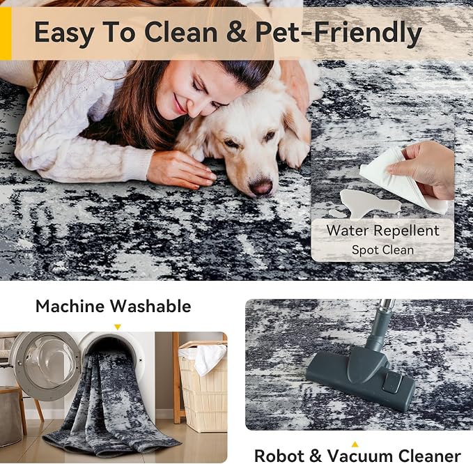RELEANY Washable 6'x9' Abstract Area Rug for Living Room Black White | carpet for bedroom, kitchen, office, hallway and entryway, printed pattern, non-slip, soft, stain-resistant, easy to clean
