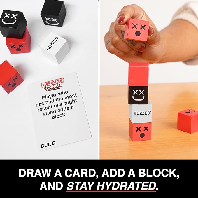 WHAT DO YOU MEME? Buzzed Tower: The Stack-and-Sip Drinking Card Game for Adults – Includes 30 Blocks, 80 Cards, and Big Laughs for Parties, Game Night, and Epic Bachelor Party Celebrations