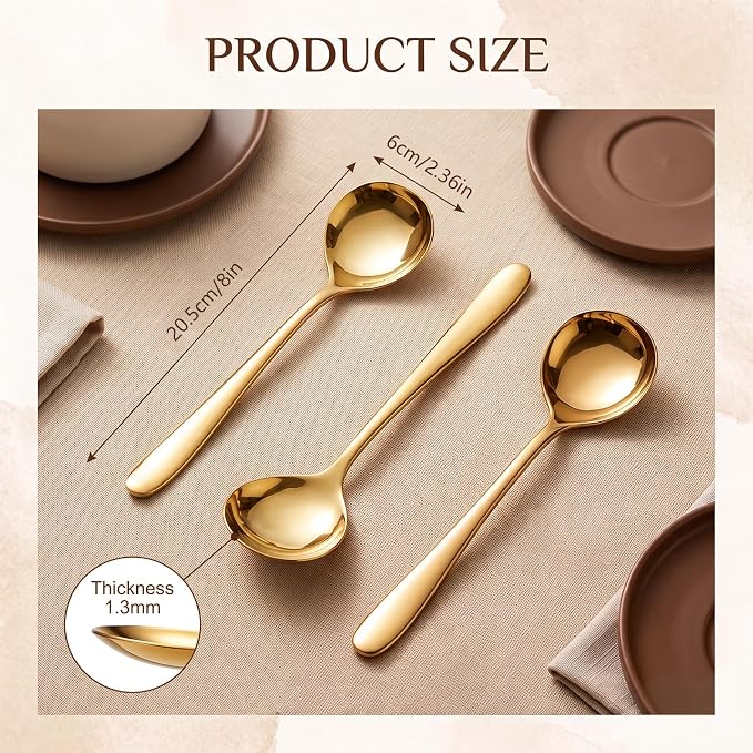 3PCS Gold Soup Spoons, 8.07 Inch Large Stainless Steel Spoons, 304 Stainless Steel Mirror Polished Dessert Spoons, Heavy Duty Metal Table Spoons for Soup, Cereal, Ice Cream, Dining & Kitchen Use