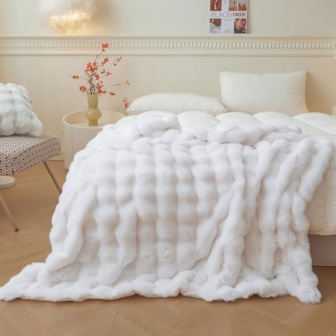LIFEREVO Luxury Fluffy Faux Rabbit Fur Throw Blanket 50x60, White | Plush Shaggy Bubble Blanket for Bed Couch Sofa Office, Decorative Soft Cute Furry Lap Throw for Kids Teens Adults, Washable