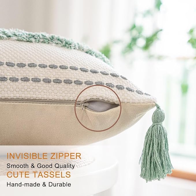 BUIOVBEY Boho Throw Pillow Covers Woven Tufted Pillow Cases with Tassels | Farmhouse Pillow Covers 20x20 Set of 2 Textured Striped Cushion Case Neutral Decorative Pillowcase for Sofa Couch Light Green