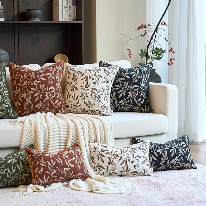 Alerfa Beige Floral Throw Pillow Cover 20 x 20 Inch Sqaure Luxury Decorative Pillow Cover for Couch Living Room Bedroom