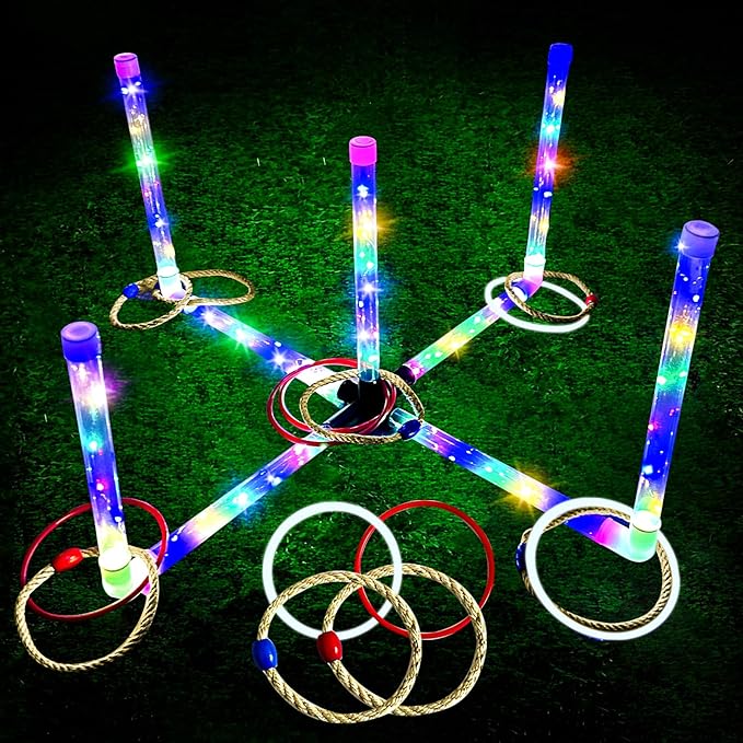 Ring Toss Outdoor Games with 16 Rings, Backyard Games Lawn Games for Adults & Kids, Backyard Camping Activities, Outdoor Games for Kids, LED Ring Toss