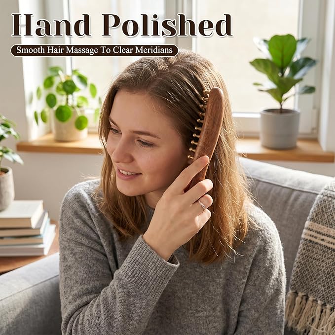 YUXIANLB Copper Sandalwood Wide Tooth Massage Comb, Rounded Bristles | meridian, acupuncture, gua sha tool, detangling sandalwood, reduces frizz and static, for hair growth scalp body relaxation