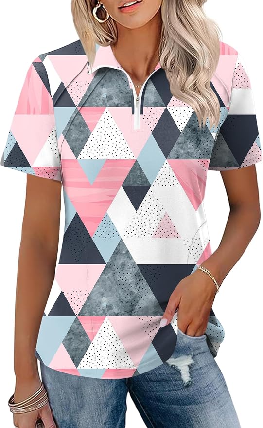 LOMON Womens Golf Polo Shirt Summer Short Sleeve Quarter Zip Outfit | Side-Pockets,Princess Seams,Cotton,Wrinkle Free,Moisture Wicking,Quick-Dry,Lightweight,Collared,for Tennis Workout