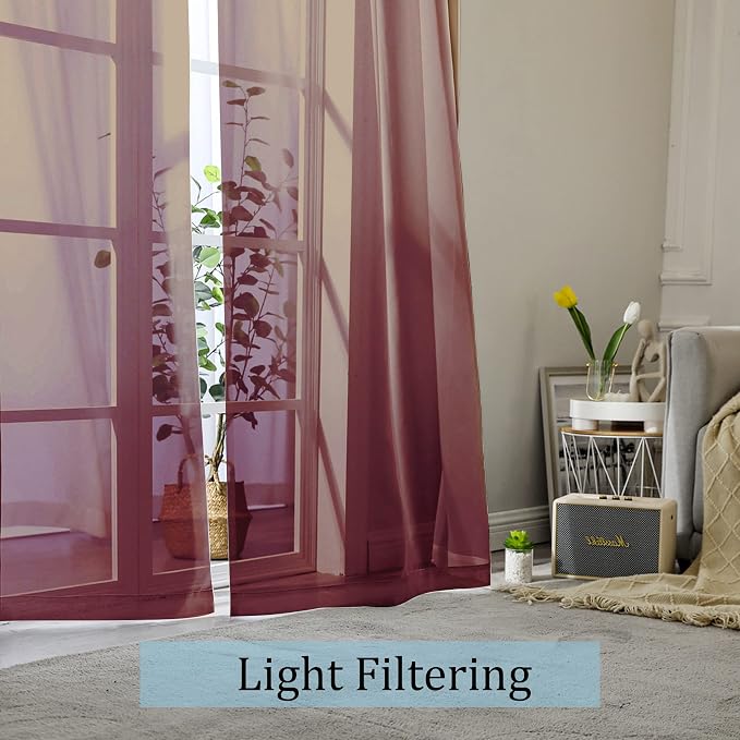 OWENIE Sheer Curtains 96 Inch Long, Elegant Sheer Curtains for Bedroom, Window Voile Sheer Curtain Panels/Drapes/Treatment for Living Room, 2Pcs, Each 42" W x 96" L, Burgundy