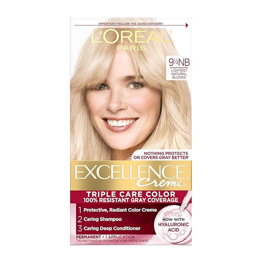 L'Oreal Paris Excellence Crème Permanent Hair Dye, Triple Care Hair Color with Hyaluronic Acid for 100% Gray Coverage, 9.5NB Lightest Natural Blonde, 1 Kit (Packaging May Vary)