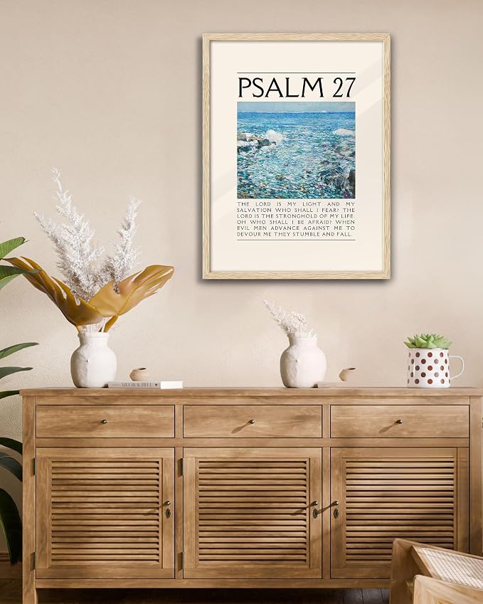 EcoHest 16x20 in Psalm 27 Ocean Framed Bible Verse Christian Wall Art | Solid Oak Wood Frame with Canvas Wall Art, Coastal Scripture Wall Decor for Bedroom, Living Room, Office, Church, 1Pack