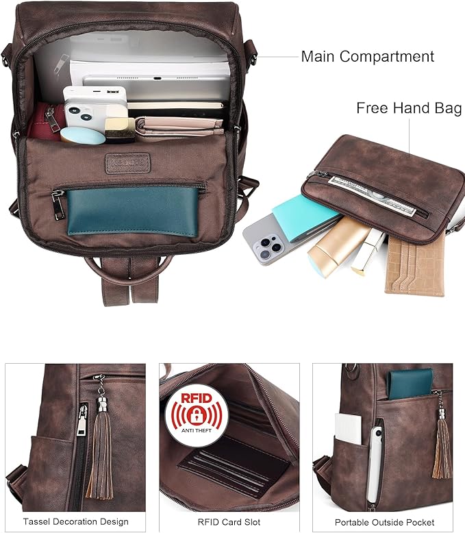 FADEON Leather Backpack Purse for Women Designer Travel Backpack Purses PU Fashion Ladies Shoulder Bag with Tassel