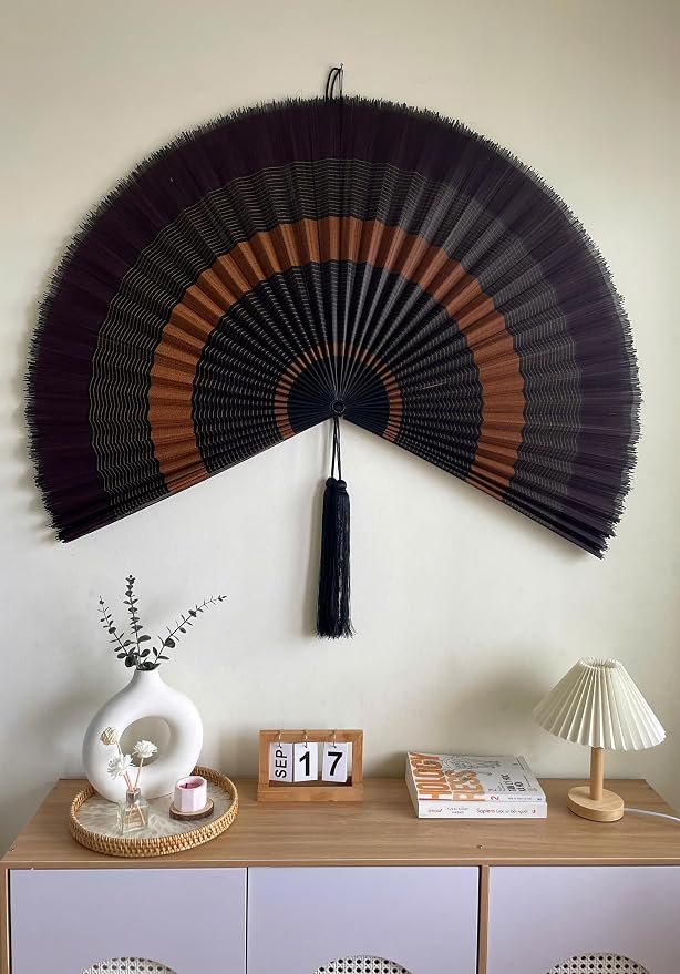 ChumDecor Bamboo Fan Wall Decor, Japanese Wall Fan Decoration, Ebony 60 in | Giant Oversized Oriental and Asian Style Hanging Decoration for Above the Bed Headboard or a Tall Stairwell Landing
