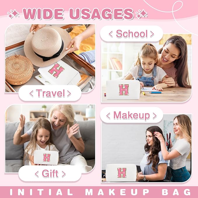 Small Personalized Initial A-Z Patch Makeup Bag,White Cute PU Leather Glitter Letter Cosmetic Bag for Teen Girls,Travel Toiletry Bag with Zipper,Preppy Monogrammed Birthday Gift for Daughter Niece H