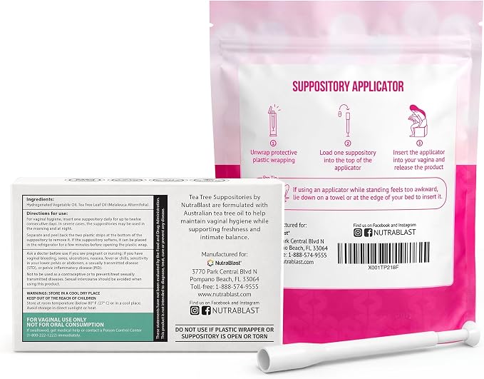 NutraBlast Tea Tree Oil Suppositories Bundle with Applicators (12 Suppositories & 15 Applicators) Supports Odor Control