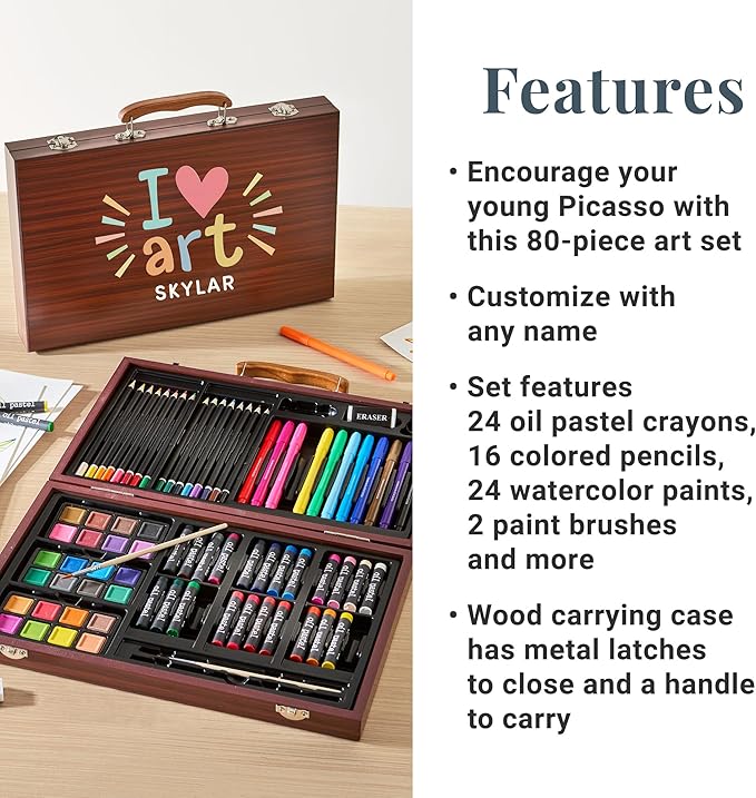 Let's Make Memories Personalized 80-Piece Deluxe Art Set - for Kids - Wood Carrying Case - Oil Crayons, Colored Pencils, Watercolors - Arts & Crafts - Palette Design - Add Name - I Love Art