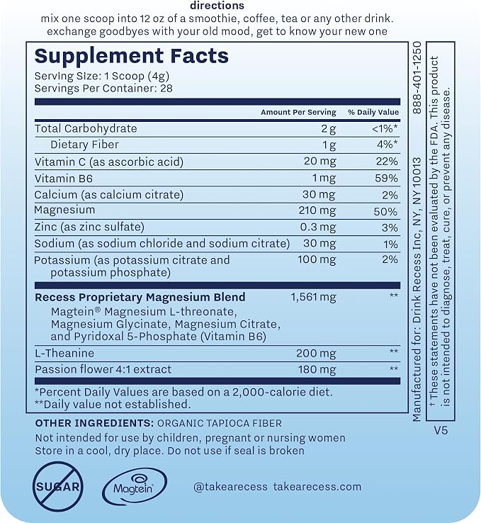Recess Mood Powder, Calming Magnesium L-Threonate Blend with Passion Flower, L-Theanine, Electrolytes, Magnesium Calm Support Powder Supplement - Unflavored 28 Serving Tub