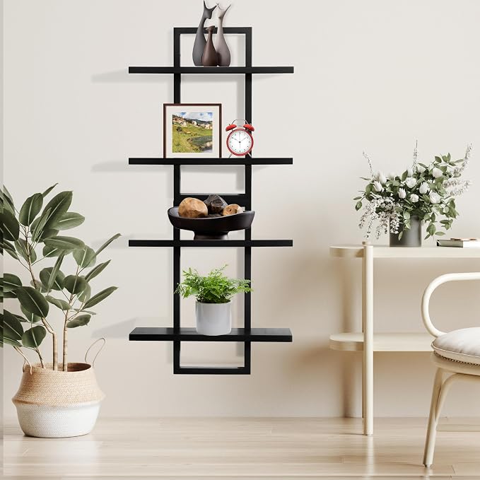 Floating Shelves for Wall,Decorative Wall Shelves Black,Plants Shelf Framed | Square Wall Decor,Art Sconces Artificial Vases Hanging Storage Shelf for Bathroom Living Room Elegant,Wood,2 Tier,Set of 2
