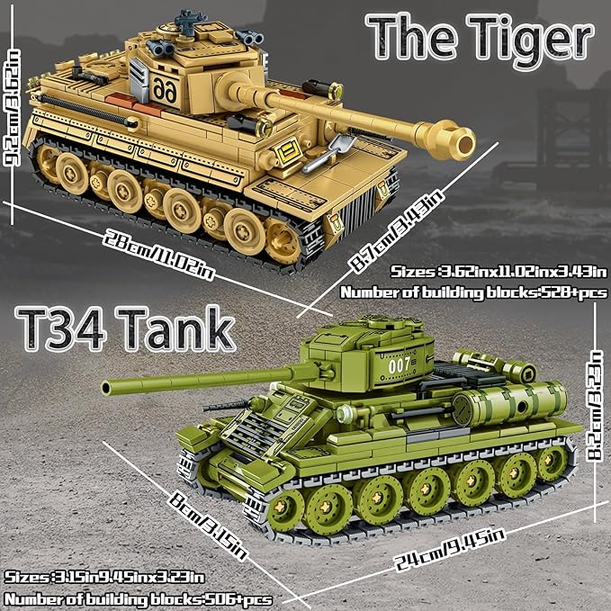 WW2 Tank Building Blocks Set – German Tiger and Soviet T-34 Army Tank Military Model Kits, Toy Gifts for Boys and Men Collectors