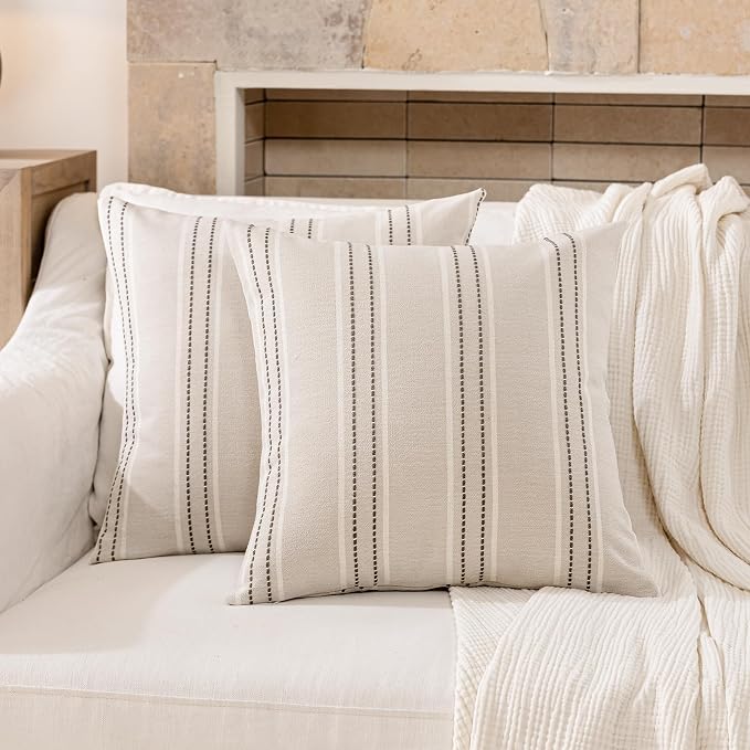 Hckot Striped Throw Pillow Covers 18x18 Set of 2 Charcoal Pillow Covers | Farmhouse Decorative Pillows Textured Linen Square Cushion Covers for Sofa Couch Bed Living Room Decor
