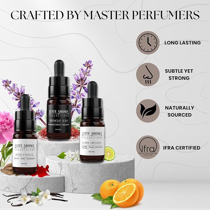 Elite Hotel Fragrance Oils Gift Set (3 Pack) - Midnight Aura, Divine Essence, Global Opulence - Luxury Hotel Scents for Diffusers & Aromatherapy - 0.3