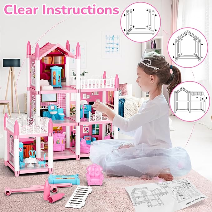 Doll House for Girls, DIY Dream Dollhouse with Furniture and Rooms Accessories, Miniature Pretend Playhouse with Lights, Building Princess House Dolls Playset Figures Toys Kit Gift for Ages 3+