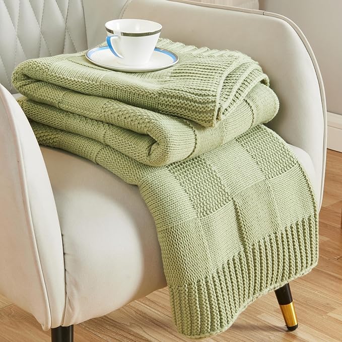 CozeCube Sage Green Knitted Checkered Throw Blanket 60"X80" | Check Knit Throw for Couch, Decorative Christmas Soft Cozy Warm Blanket for Bed Sofa Living Room