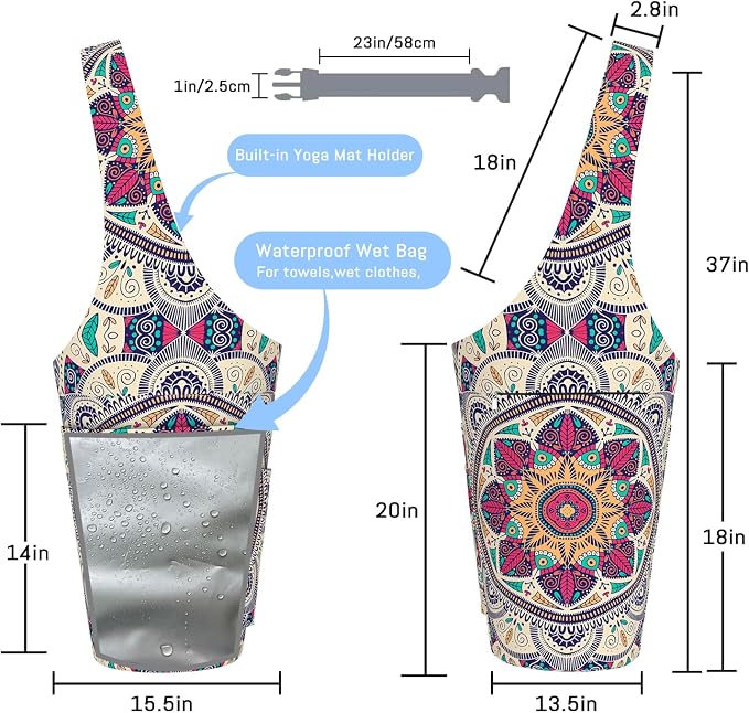Mandala Yoga Mat Bag with Large Waterproof Zipper Pocket and Drawstring Pocket Long Tote Yoga Mat Carrier Holder Bags Fit Most Size Mats