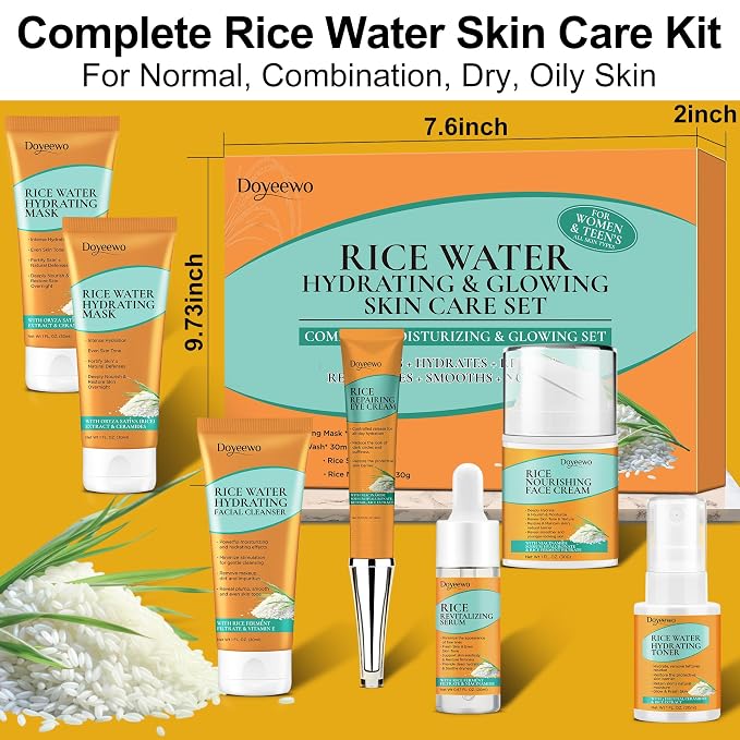 Skin Care Set w/Korean Rice Extract for Hydration,Glow,Repair &Radiant Skin | 7Pcs Women Teen Glass Skincare Routine Kit Self Care Gifts for Women Mom Wife Teenage Girl Valentines Christmas Gifts