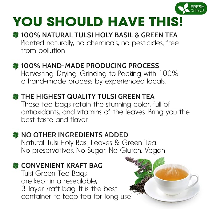 FreshDrinkUS, Premium 55 Tulsi Green Tea Bags, 100% Natural & Pure, Herbal Tea, No Sugar, No Caffeine, No Gluten, Vegan.